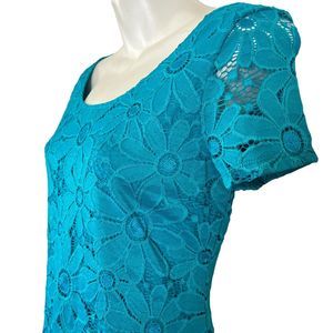 Tiana B Womens Teal Blue Floral Lace Short Sleeve Pullover Lined Dress sz M